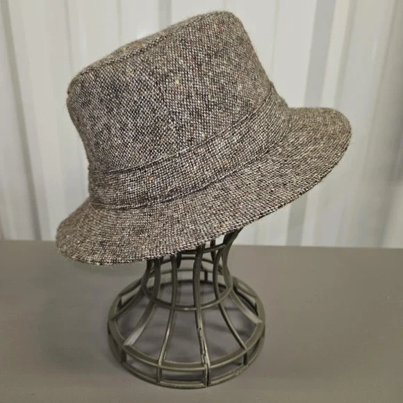 VTG Hanna Hats Hat‎ Cloche Fitted Unisex SZ S Brown Wool Tweed Donegal Ireland